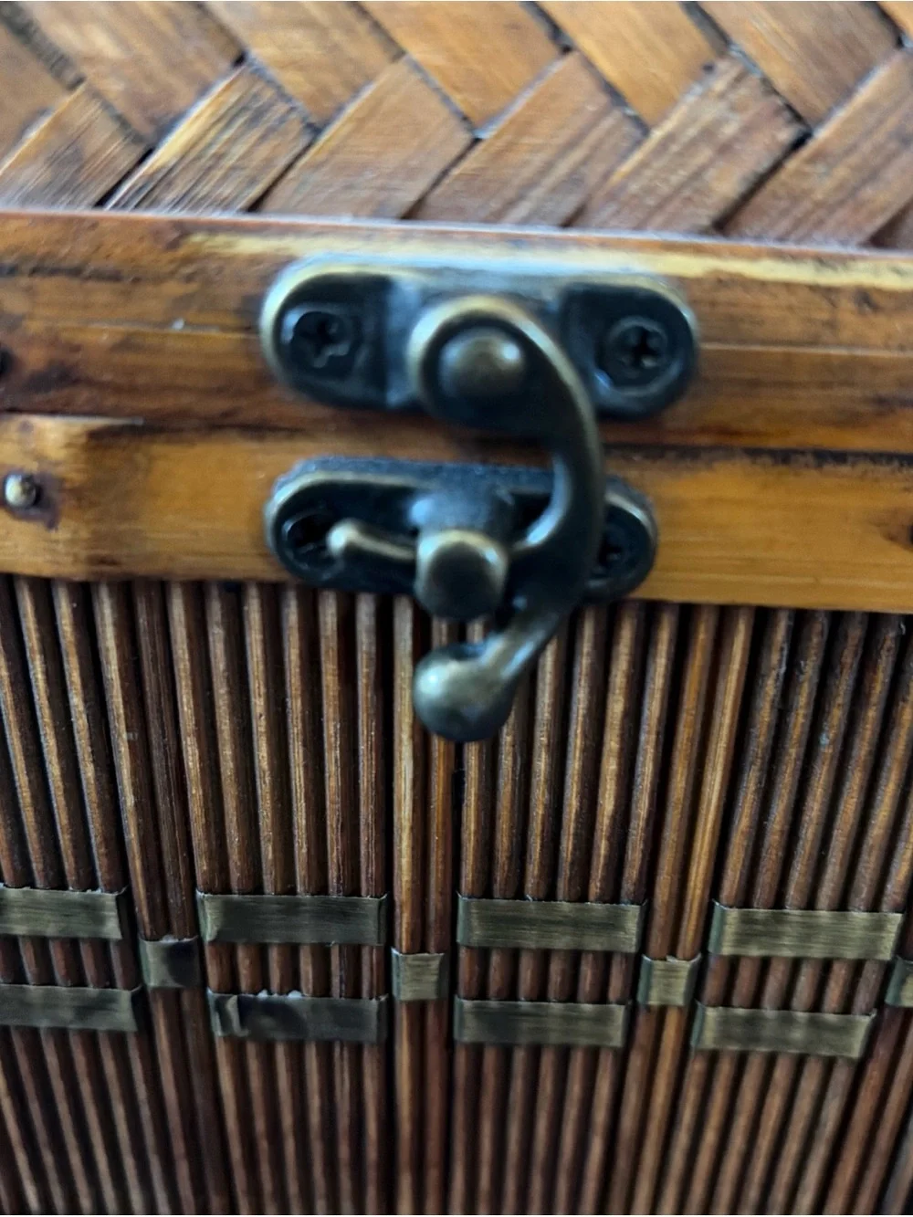 VTG Handwoven Rattan & Bamboo Trinket Box W/Metal Latch-13”x8.5”x7”